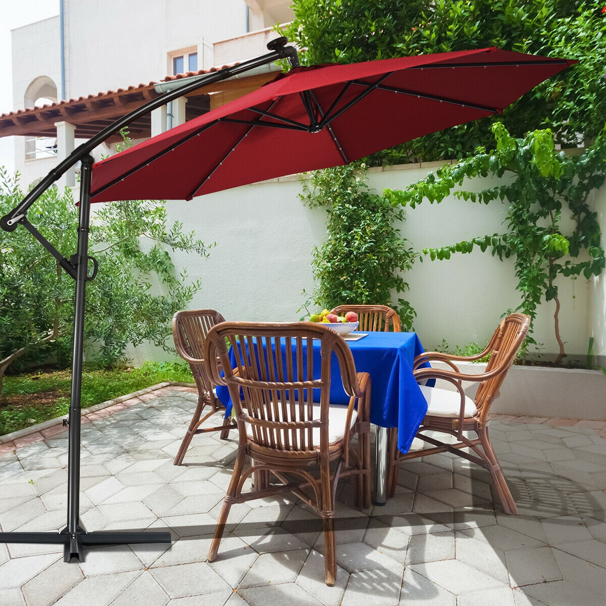 10 ft 360° Rotation Solar Powered LED Patio Offset Umbrella without Weight Base, Dark Red Outdoor Umbrellas at Gallery Canada