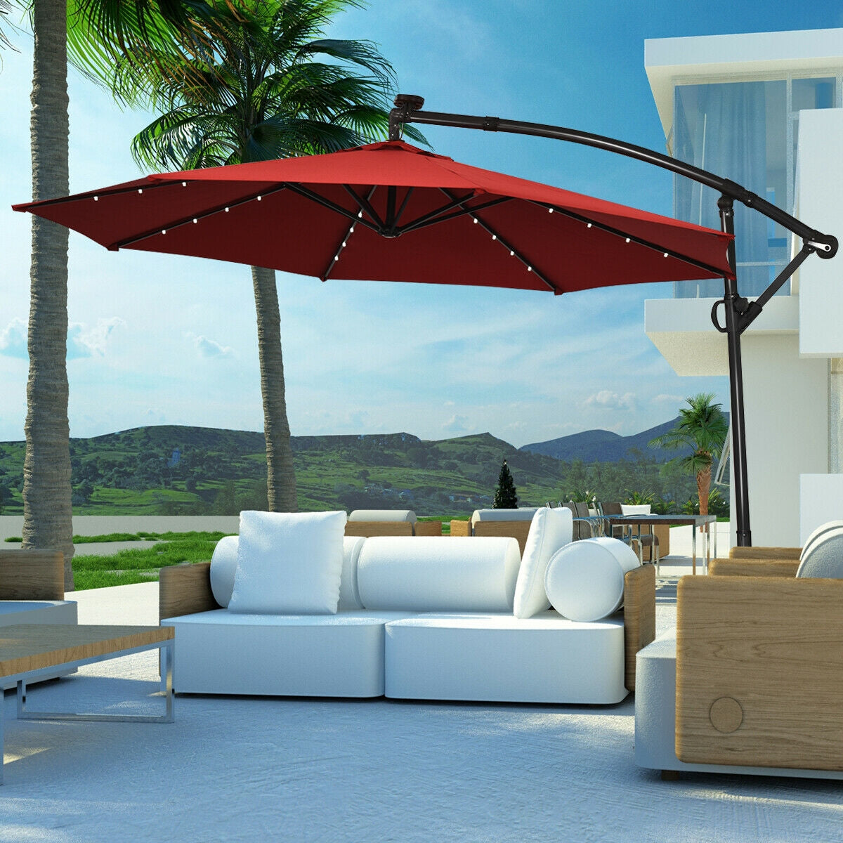 10 ft 360° Rotation Solar Powered LED Patio Offset Umbrella without Weight Base, Dark Red Outdoor Umbrellas at Gallery Canada