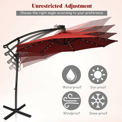 10 ft 360° Rotation Solar Powered LED Patio Offset Umbrella without Weight Base, Dark Red Outdoor Umbrellas at Gallery Canada