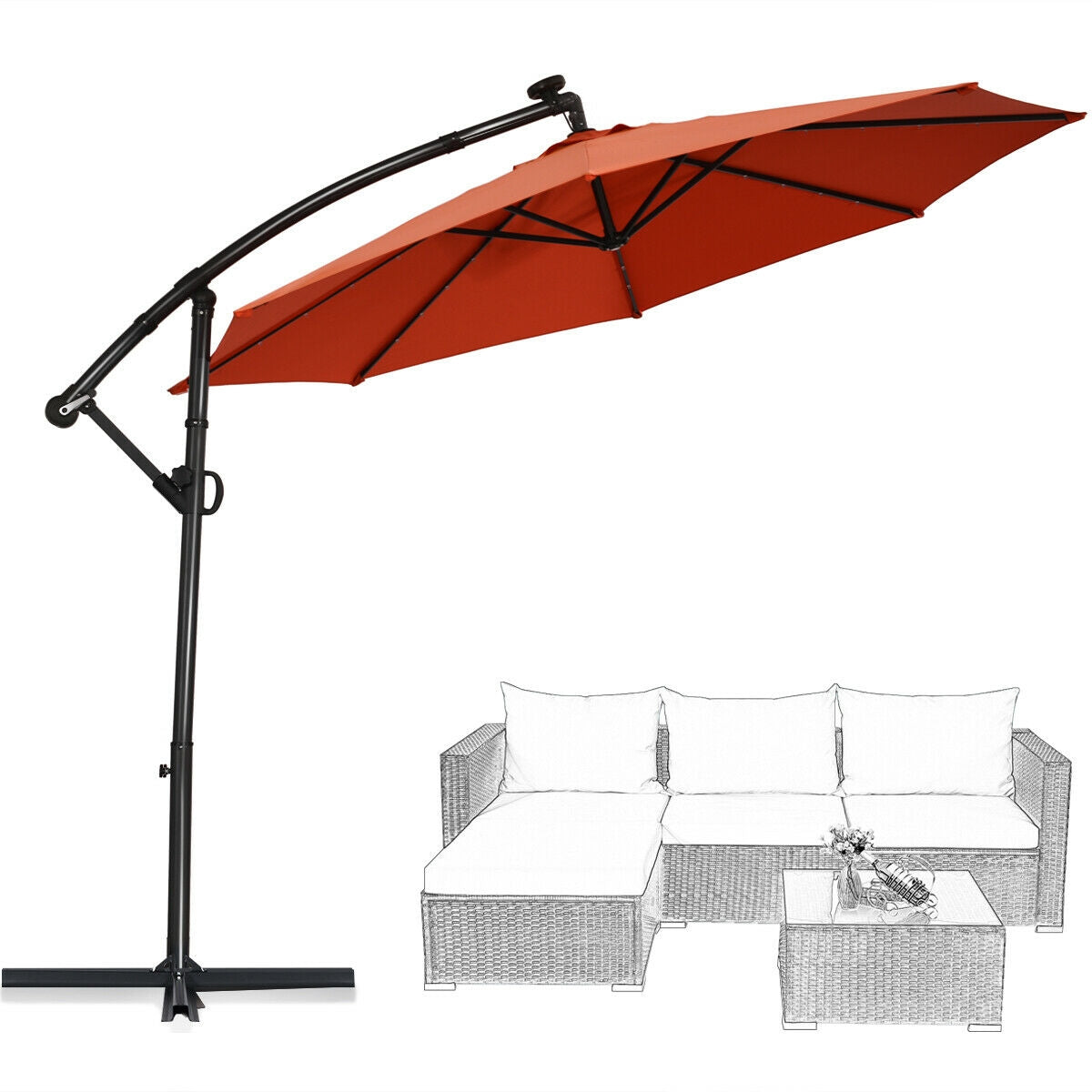 10 ft 360° Rotation Solar Powered LED Patio Offset Umbrella without Weight Base, Orange Outdoor Umbrellas at Gallery Canada
