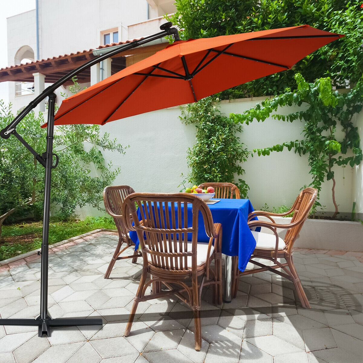 10 ft 360° Rotation Solar Powered LED Patio Offset Umbrella without Weight Base, Orange Outdoor Umbrellas at Gallery Canada