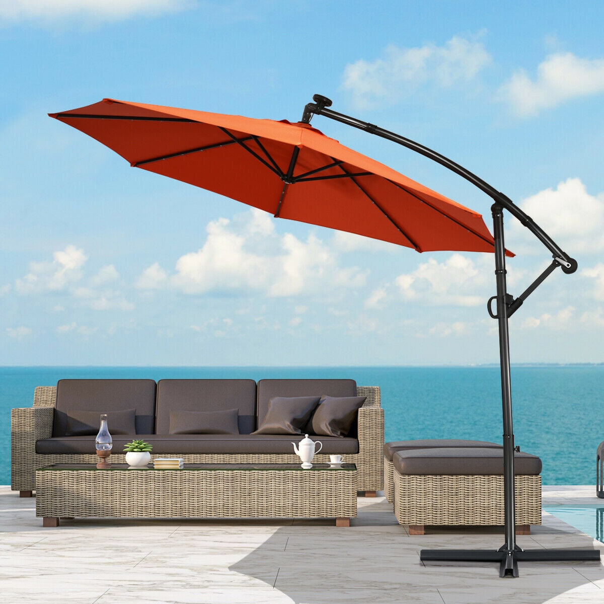 10 ft 360° Rotation Solar Powered LED Patio Offset Umbrella without Weight Base, Orange Outdoor Umbrellas at Gallery Canada