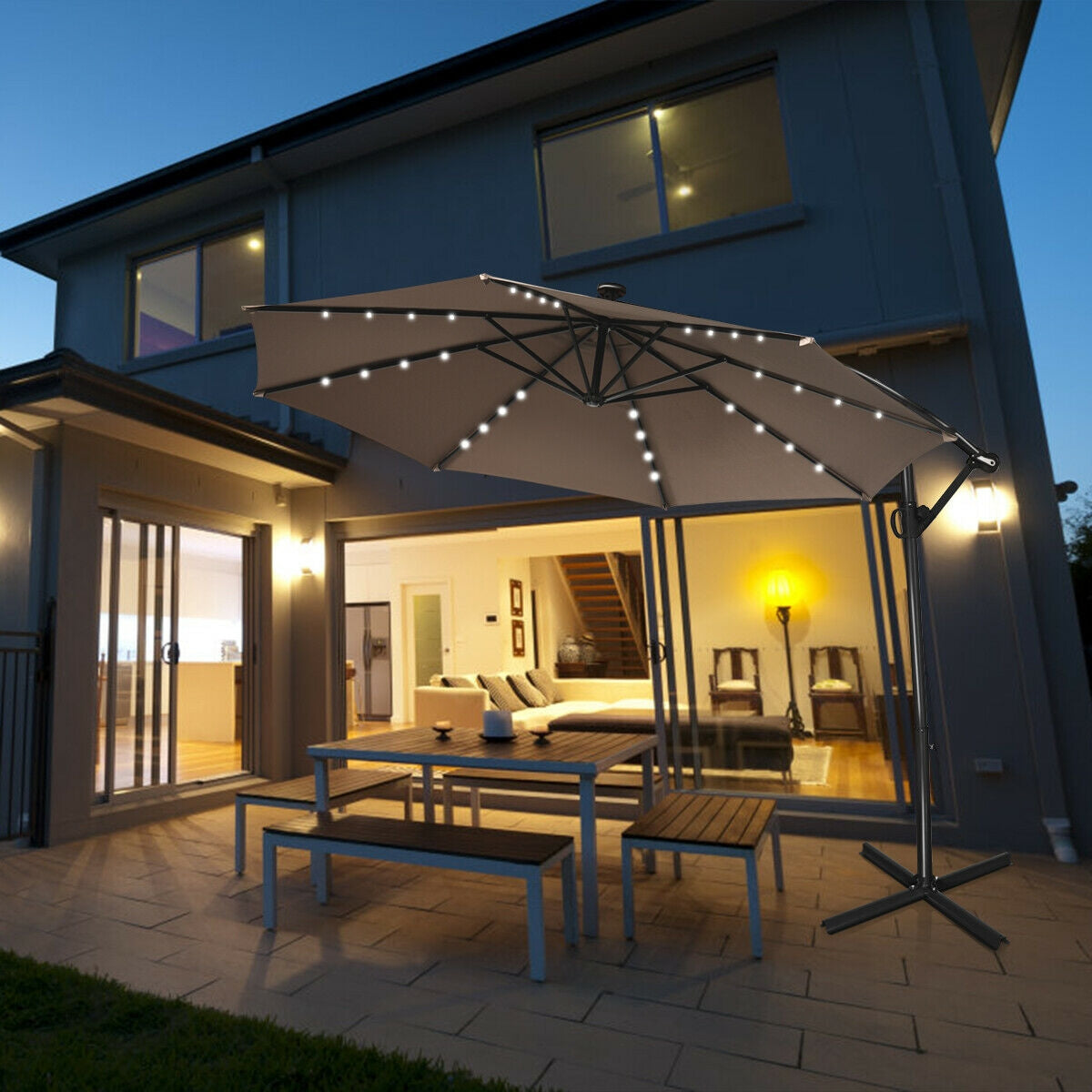 10 ft 360° Solar LED Patio Umbrella, Tan Outdoor Umbrellas at Gallery Canada