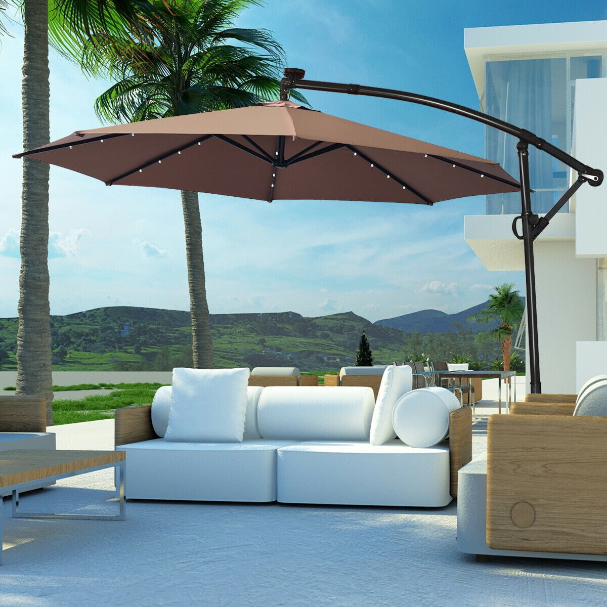 10 ft 360° Solar LED Patio Umbrella, Tan Outdoor Umbrellas at Gallery Canada