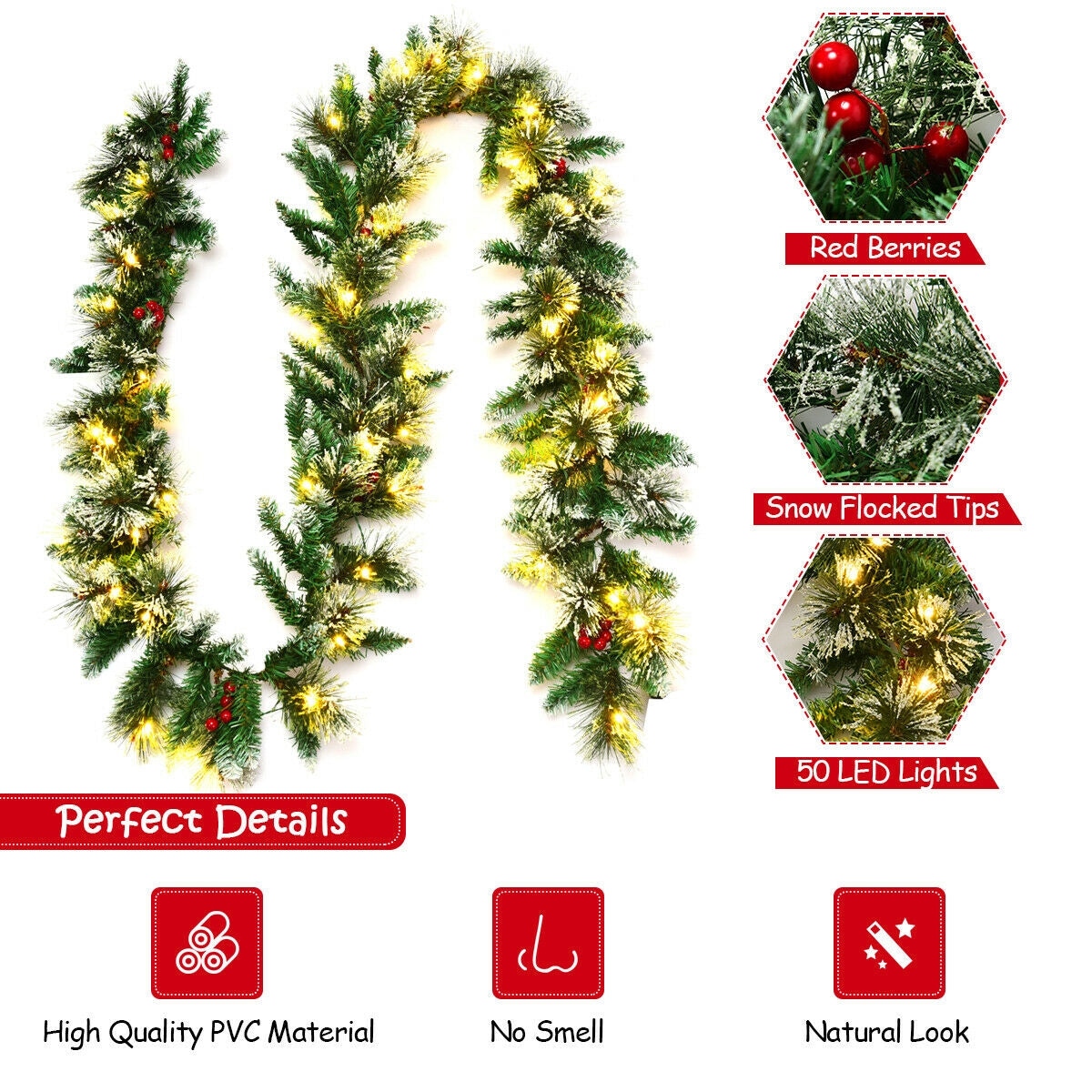 9 Feet Pre-lit Snow Flocked Tips Christmas Garland with Red Berries, Green Christmas Decor & Accessories at Gallery Canada
