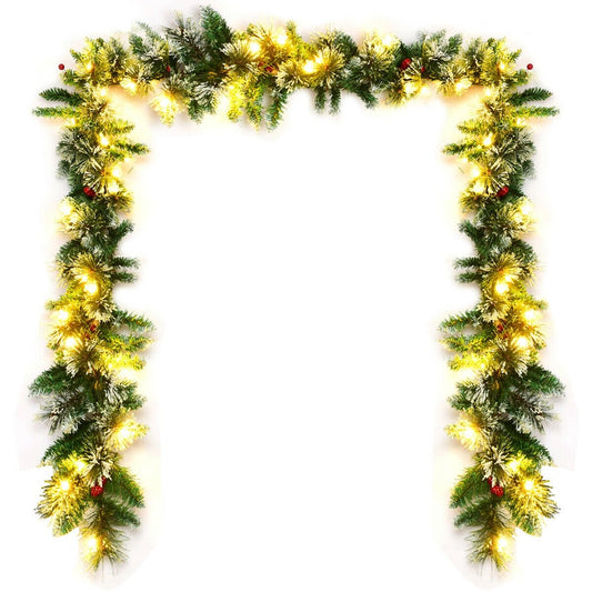 9 Feet Pre-lit Snow Flocked Tips Christmas Garland with Red Berries, Green - Gallery Canada