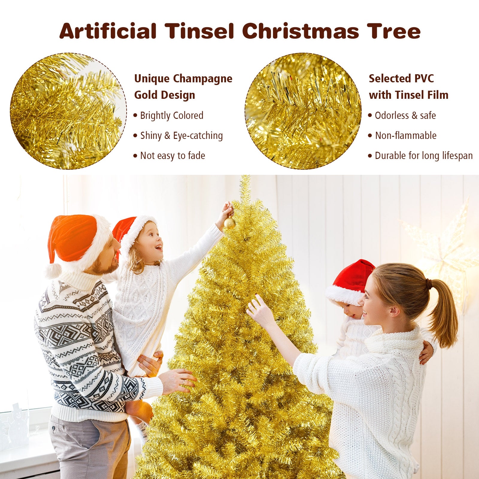6/7.5 Feet Artificial Tinsel Christmas Tree Hinged with Foldable Stand-6 ft, Gold Christmas Tree at Gallery Canada