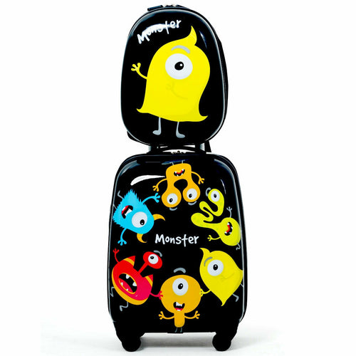 Kids Luggage Set, 12 Inch Backpack, 16 Inch Rolling Suitcase, Black
