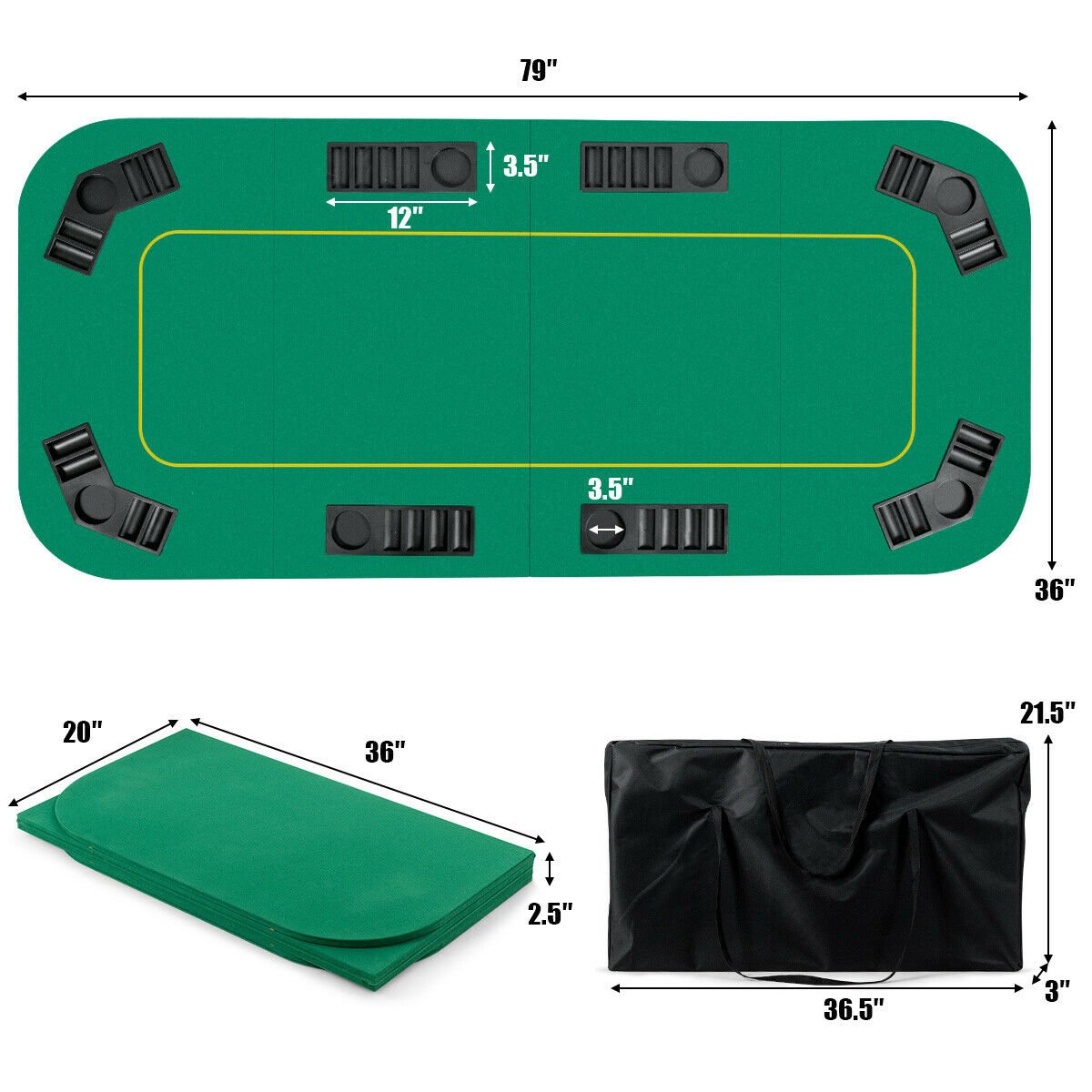 80 Inch x 36 Inch Folding 8 Player Deluxe Texas Poker Table Top with Bag, Green - Gallery Canada