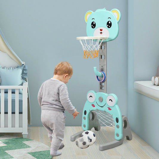 Adjustable Kids 3-in-1 Basketball Hoop Set Stand with Balls, Green - Gallery Canada