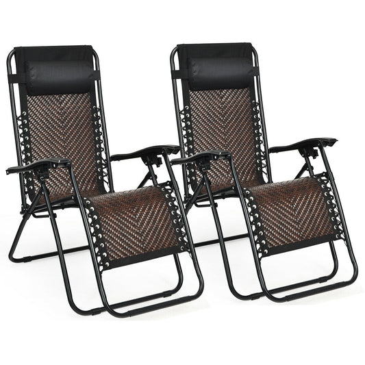 Folding Rattan Zero Gravity Lounge Chair, 2 Pieces, Light Brown Beach & Lawn Chairs Light Brown at Gallery Canada