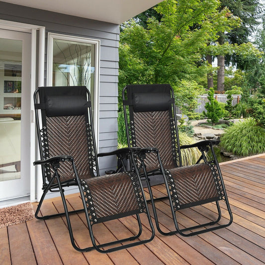 2 Pieces Folding Patio Rattan Zero Gravity Lounge Chair, Light Brown Beach & Lawn Chairs Light Brown at Gallery Canada