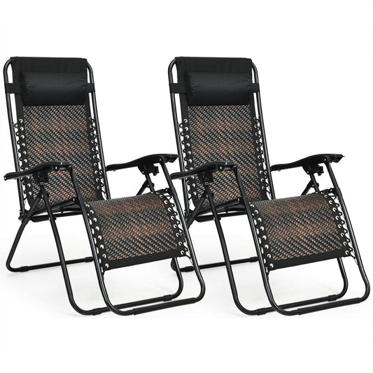 Folding Rattan Zero Gravity Lounge Chair, 2 Pieces, Brown Beach & Lawn Chairs Brown at Gallery Canada