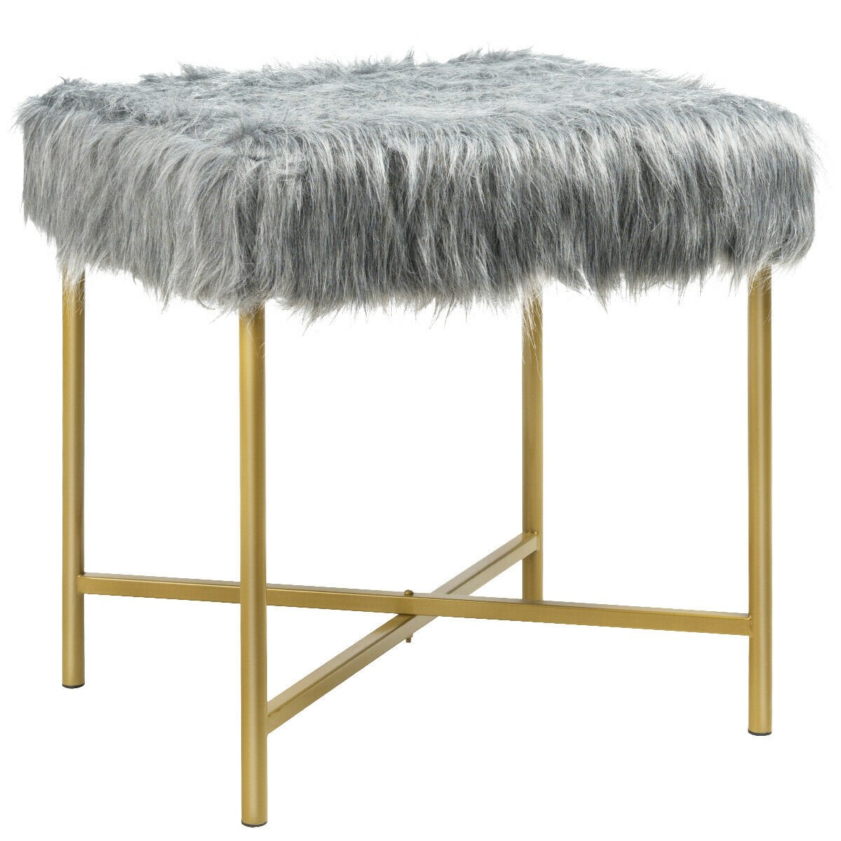 Faux Fur Ottoman Decorative Stool with Metal Legs, Gray - Gallery Canada
