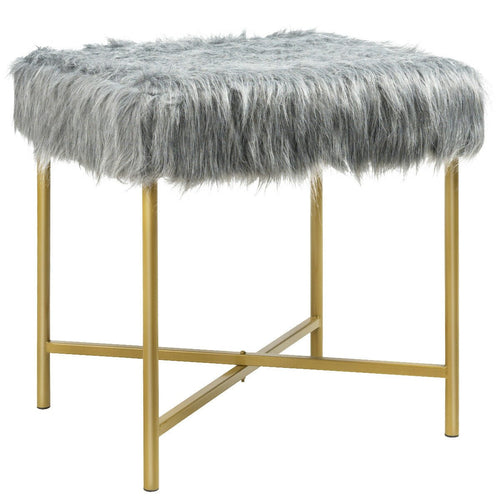 Faux Fur Ottoman Decorative Stool with Metal Legs, Gray