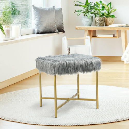 Faux Fur Ottoman Decorative Stool with Metal Legs, Gray