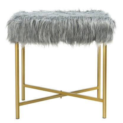 Faux Fur Ottoman Decorative Stool with Metal Legs, Gray - Gallery Canada