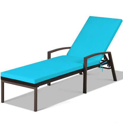 Rattan Chaise Lounge Recliner, Adjustable Back, Cushioned, Turquoise