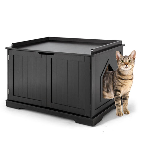 Cat Litter Box Enclosure with Double Doors for Large Cat and Kitty, Black