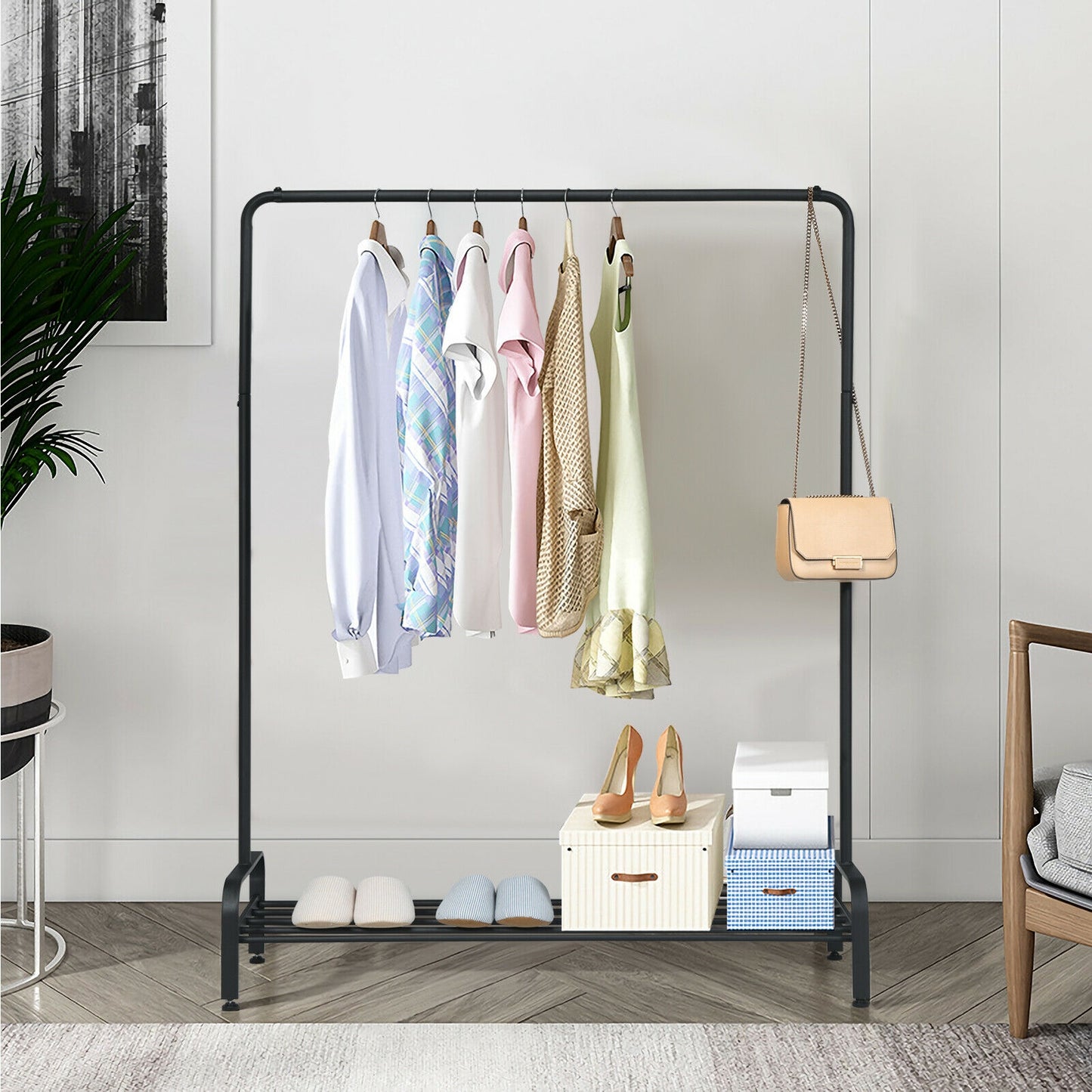 Heavy Duty Clothes Stand Rack with Top Rod and Lower Storage Shelf, Black Clothing & Closet Storage at Gallery Canada