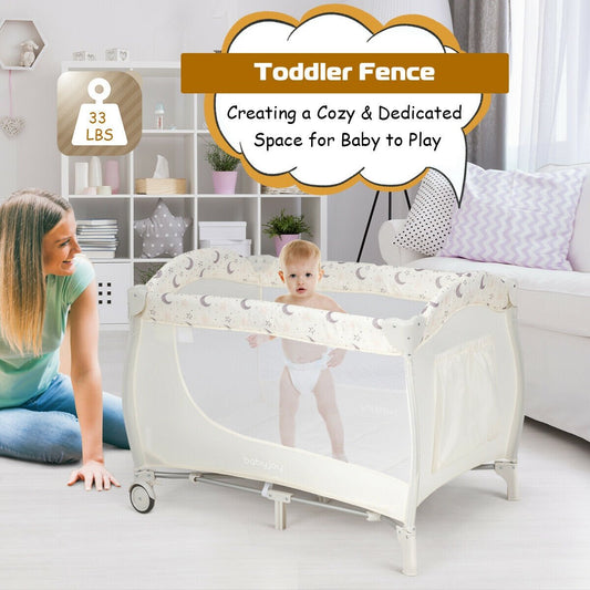 Foldable Safety  Baby Playard for Toddler Infant with Changing Station, Beige - Gallery Canada