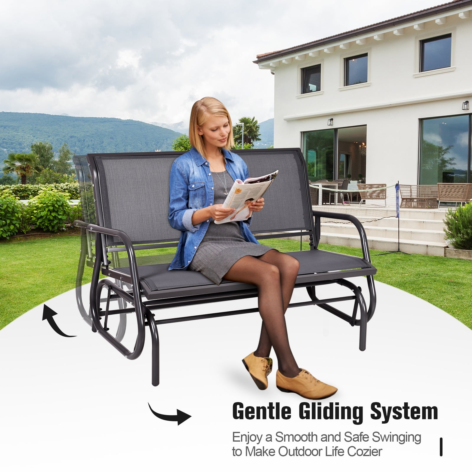Swing Glider Chair 48 Inch Loveseat Rocker Lounge Backyard, Gray Patio Rocking Chairs & Gliders at Gallery Canada