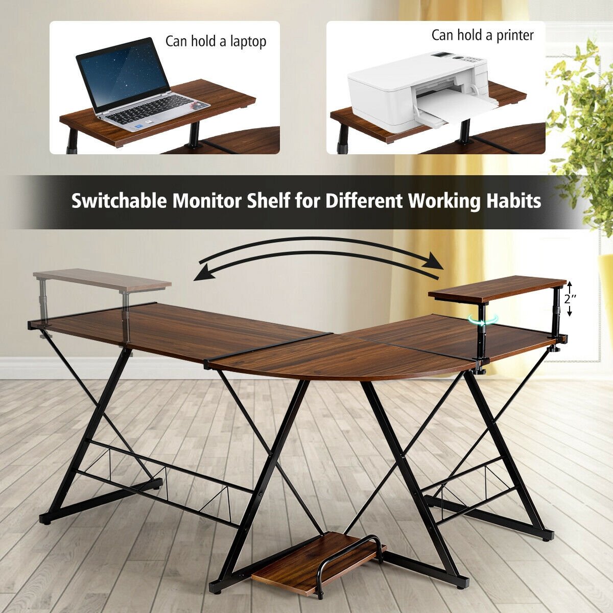 L-Shaped Computer Gaming Desk with Monitor Stand and Host Tray, Walnut - Gallery Canada
