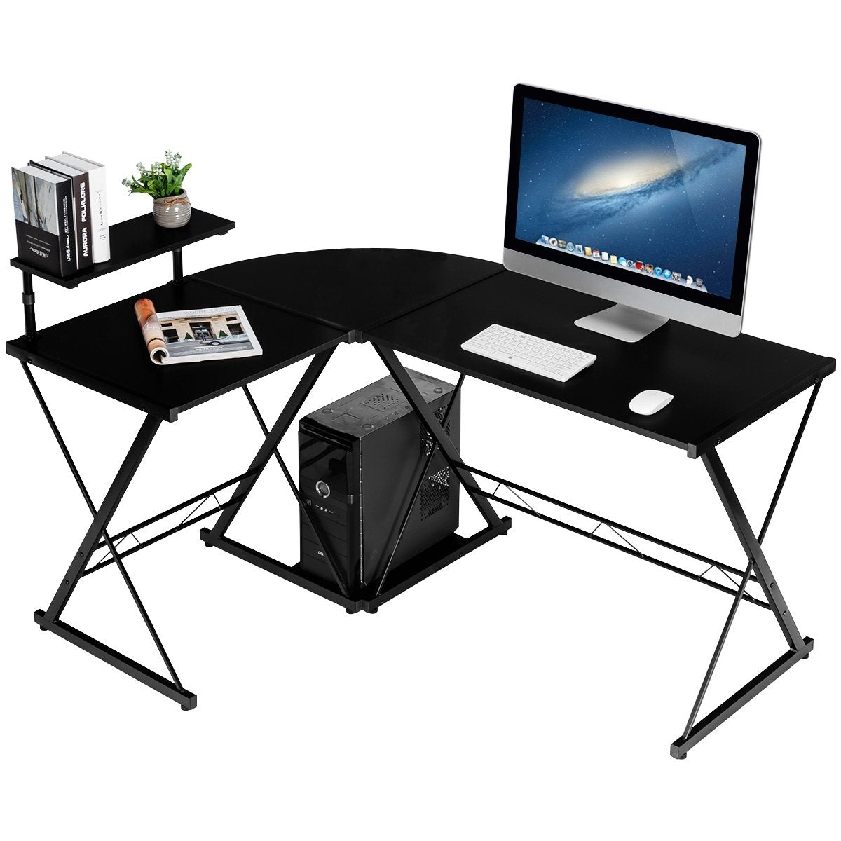 L-Shaped Computer Gaming Desk with Monitor Stand and Host Tray, Black - Gallery Canada
