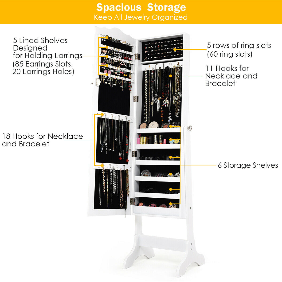 Mirrored Lockable Jewelry Cabinet Armoire Organizer Storage Box, White Jewelry Armoires at Gallery Canada