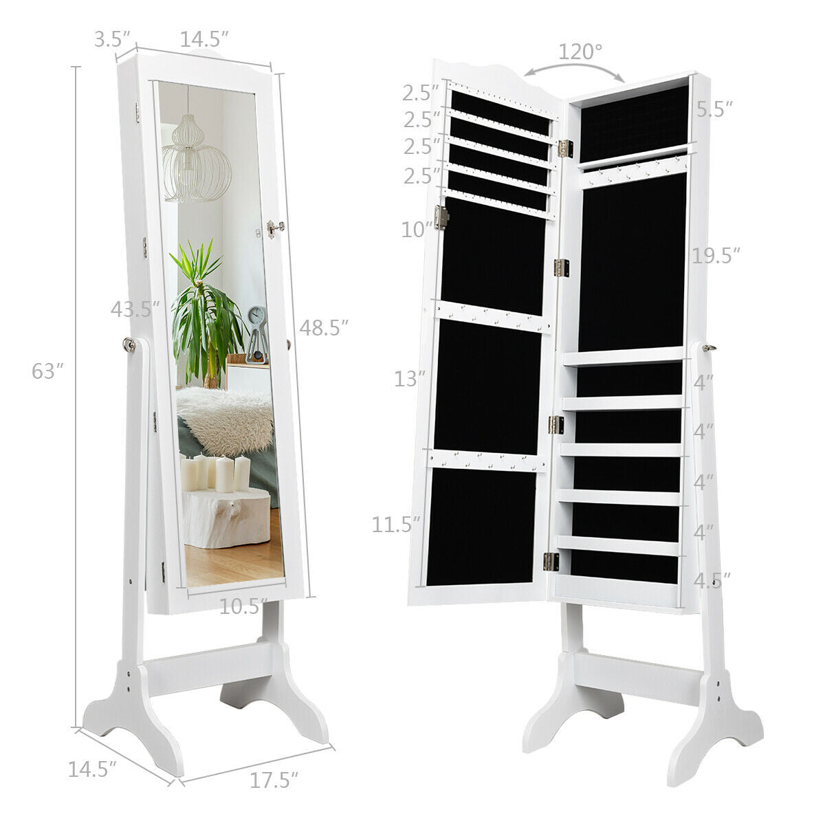 Mirrored Lockable Jewelry Cabinet Armoire Organizer Storage Box, White Jewelry Armoires at Gallery Canada