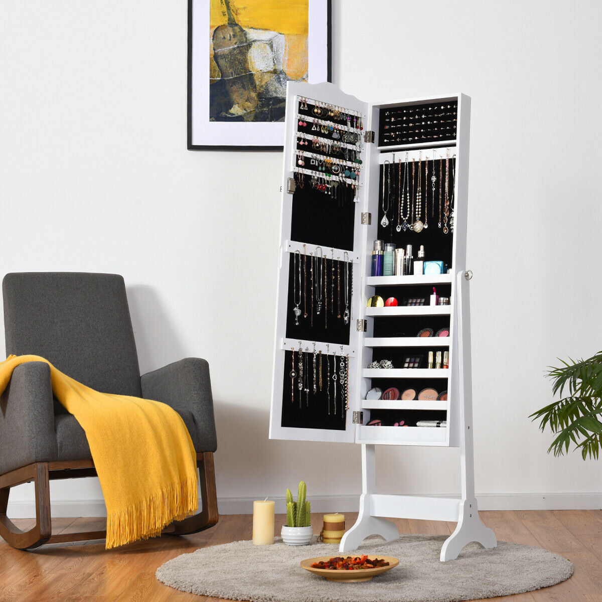 Mirrored Lockable Jewelry Cabinet Armoire Organizer Storage Box, White Jewelry Armoires at Gallery Canada