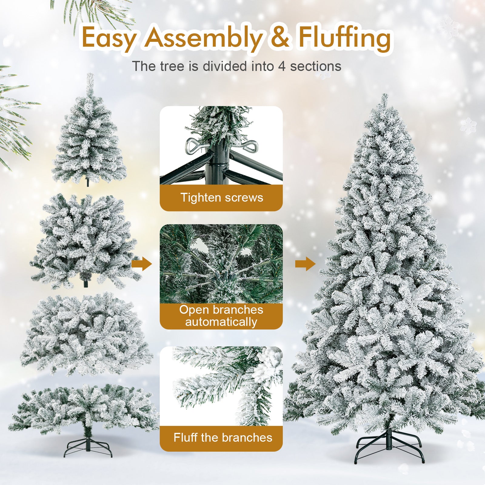 7.5 Feet Snow Flocked Hinged Artificial Christmas Tree, White Christmas Tree at Gallery Canada