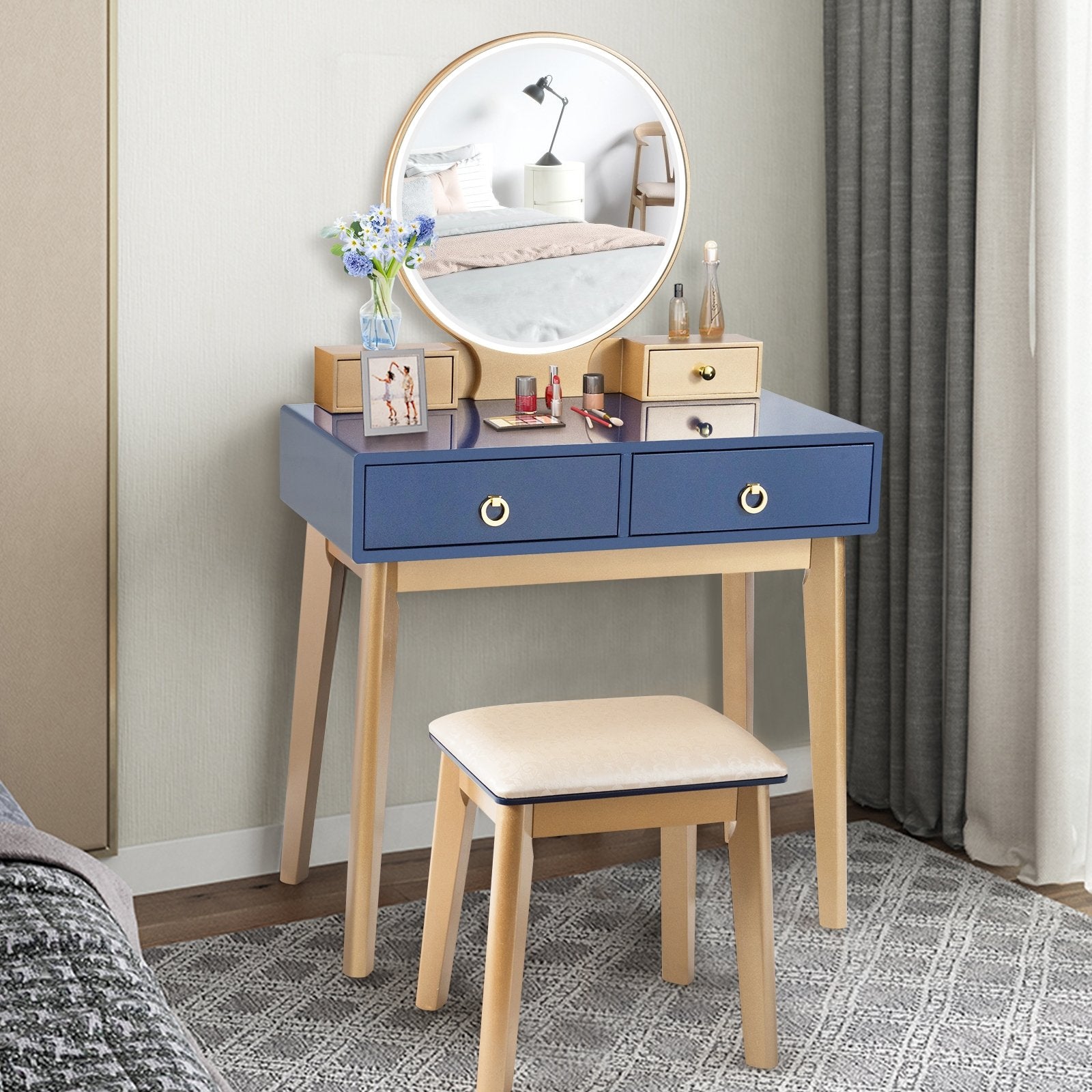 Makeup Vanity Table Set 3 Color Lighting Dressing Table, Blue - Gallery Canada