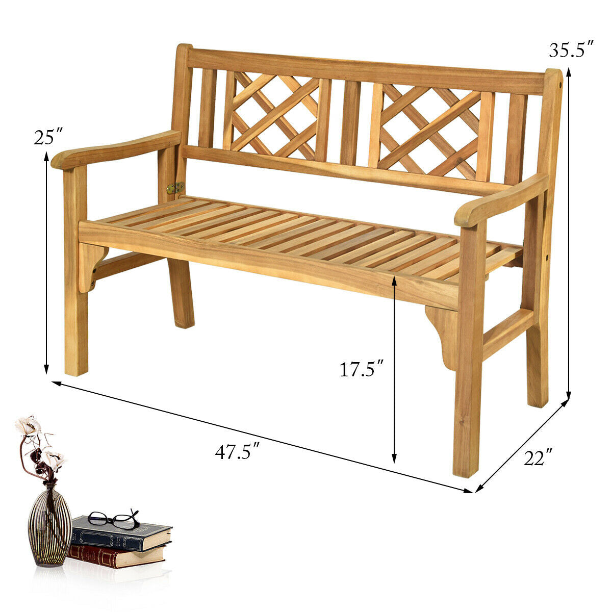 Patio Foldable Bench with Curved Backrest and Armrest, Natural Outdoor Benches at Gallery Canada