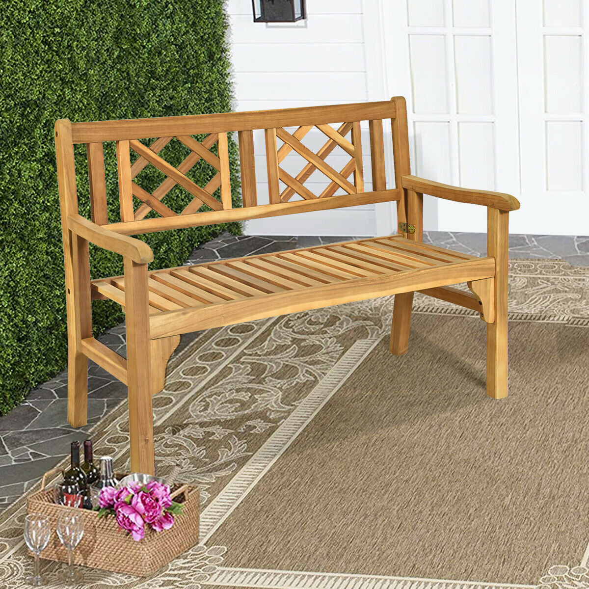 Patio Foldable Bench with Curved Backrest and Armrest, Natural Outdoor Benches at Gallery Canada