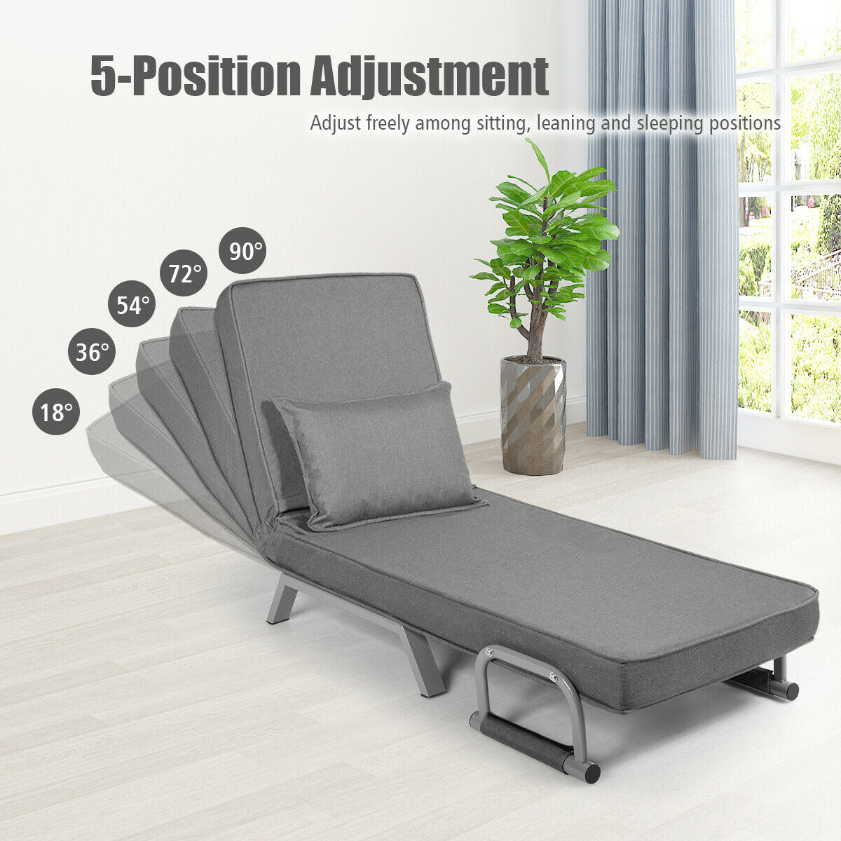 Folding 6 Position Convertible Sleeper Bed Armchair Lounge Couch with Pillow, Gray Accent Chairs at Gallery Canada