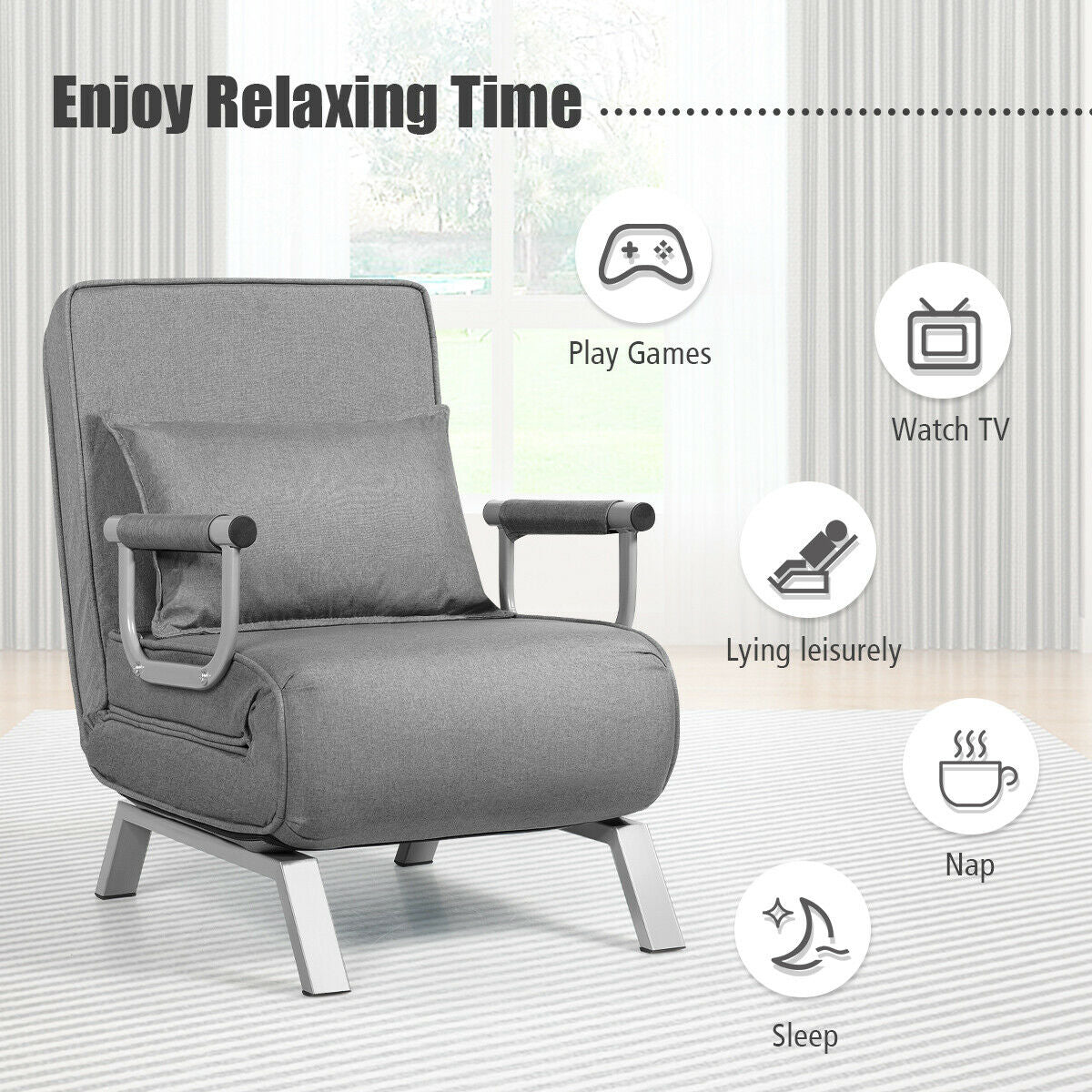 Folding 6 Position Convertible Sleeper Bed Armchair Lounge Couch with Pillow, Gray Accent Chairs at Gallery Canada