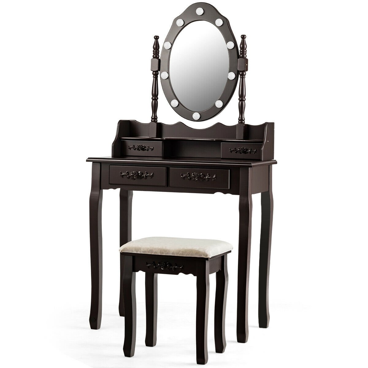 Vanity Table Set with Mirror and Soft Cushioned Stool, Coffee - Gallery Canada