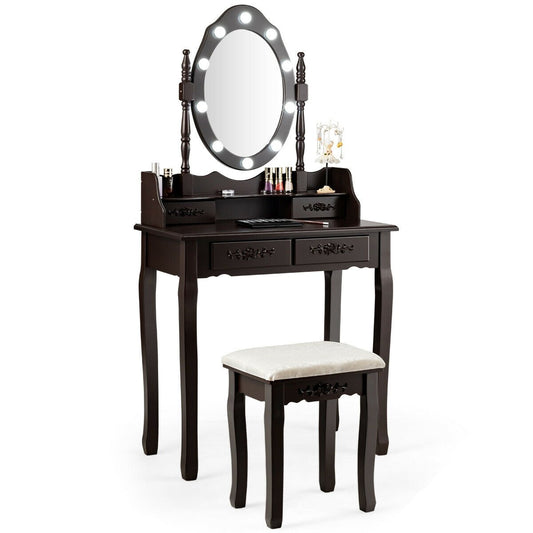 Vanity Table Set with Mirror and Soft Cushioned Stool, Coffee - Gallery Canada