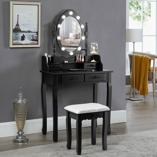 Vanity Table Set with Mirror and Soft Cushioned Stool, Black - Gallery Canada