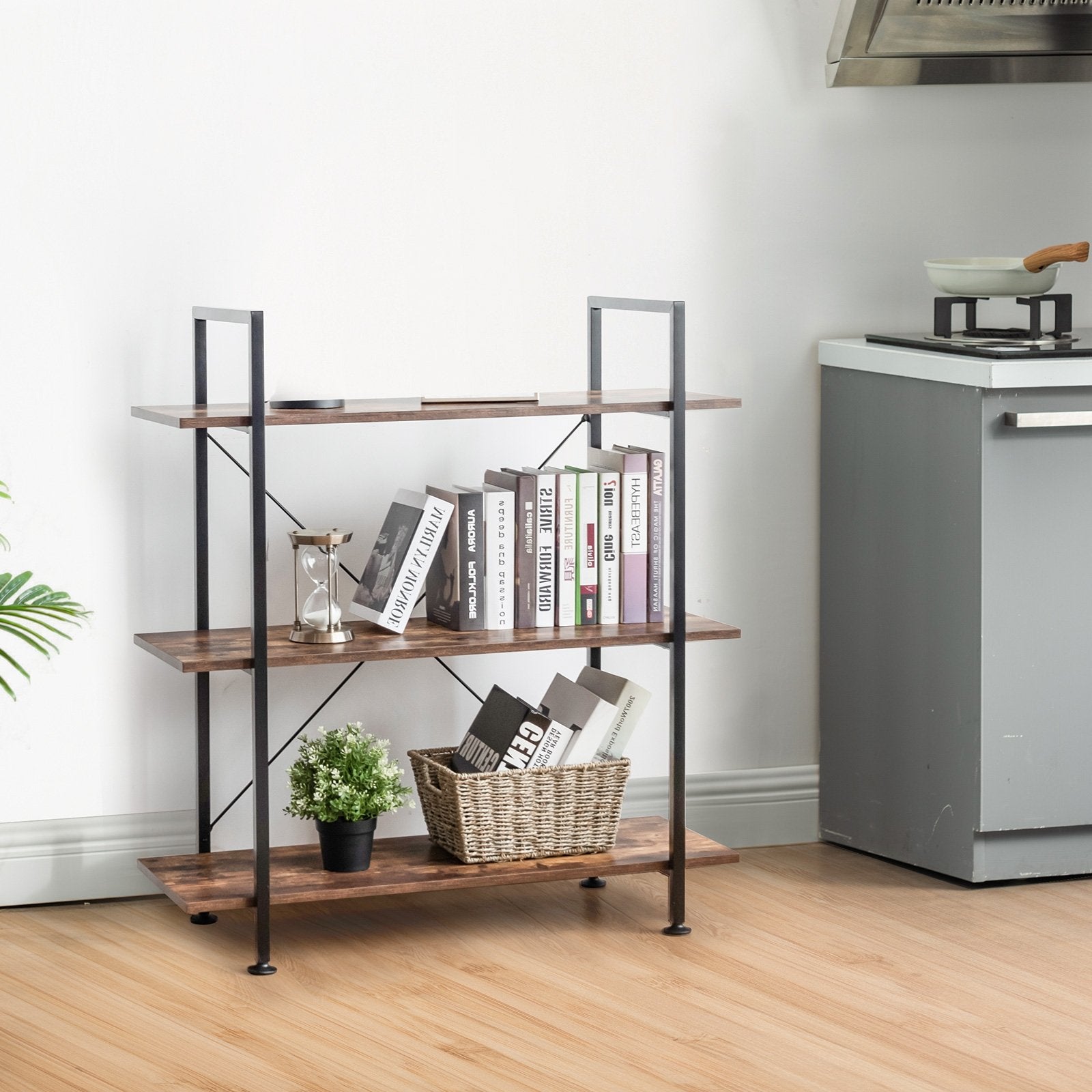 3/5 Tiers Industrial Bookcase with Metal Frame for Home Office-3-Tier, Brown at Gallery Canada