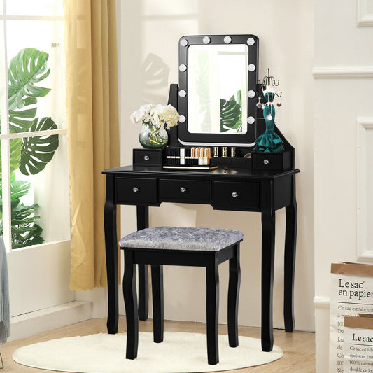 Vanity Dressing Table Set with 10 Dimmable Bulbs and Cushioned Stool, Black Makeup Vanities Black at Gallery Canada