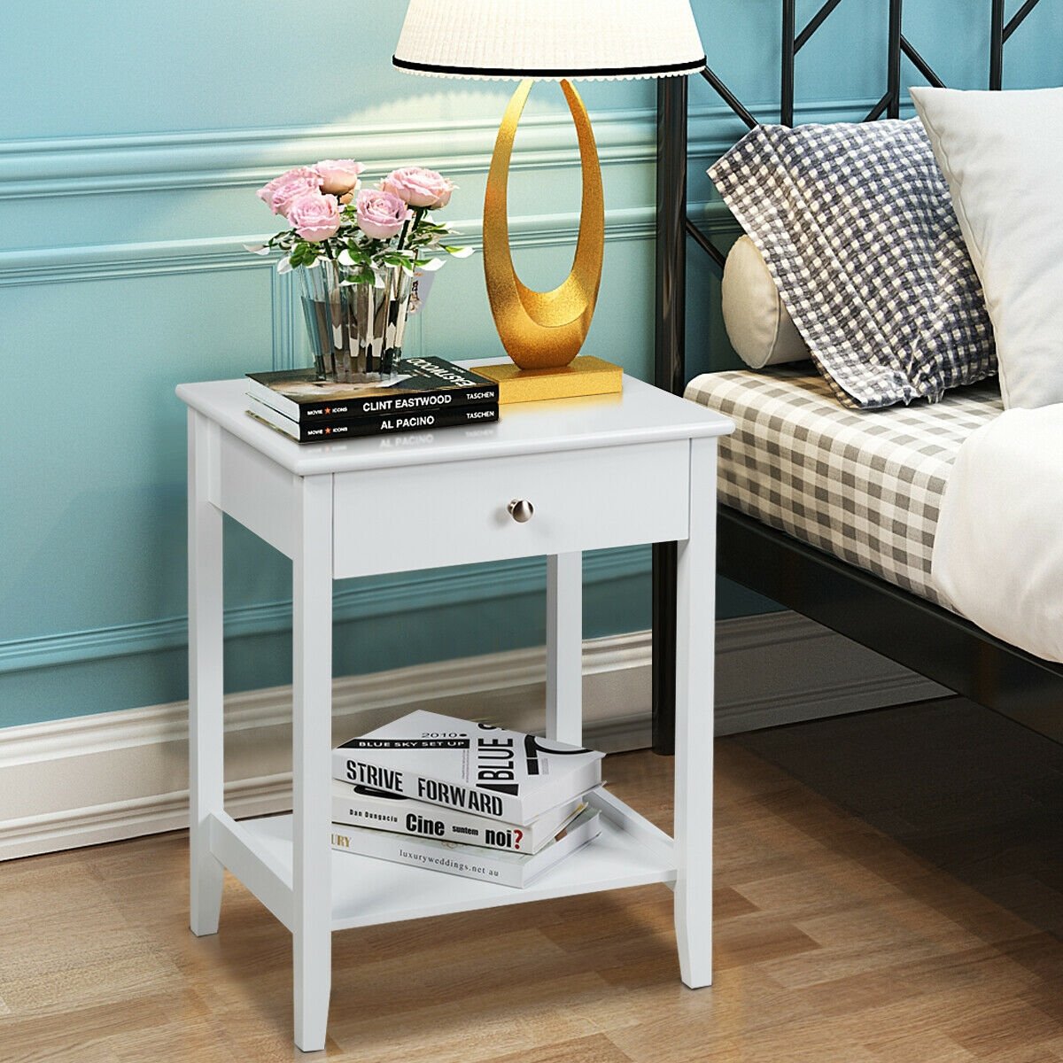 Wooden Bedside Sofa Table with Sliding Drawer, White Nightstands at Gallery Canada