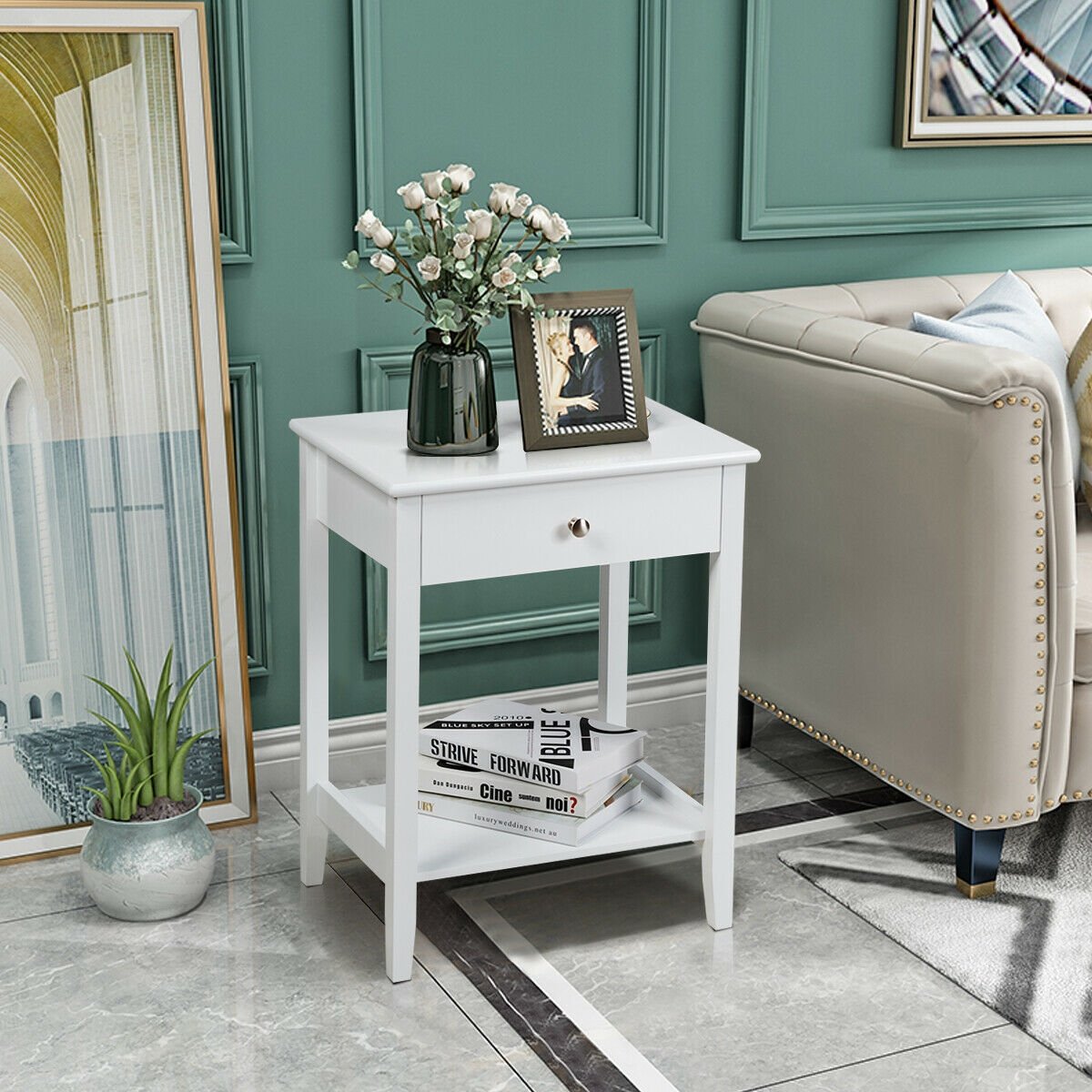 Wooden Bedside Sofa Table with Sliding Drawer, White Nightstands at Gallery Canada