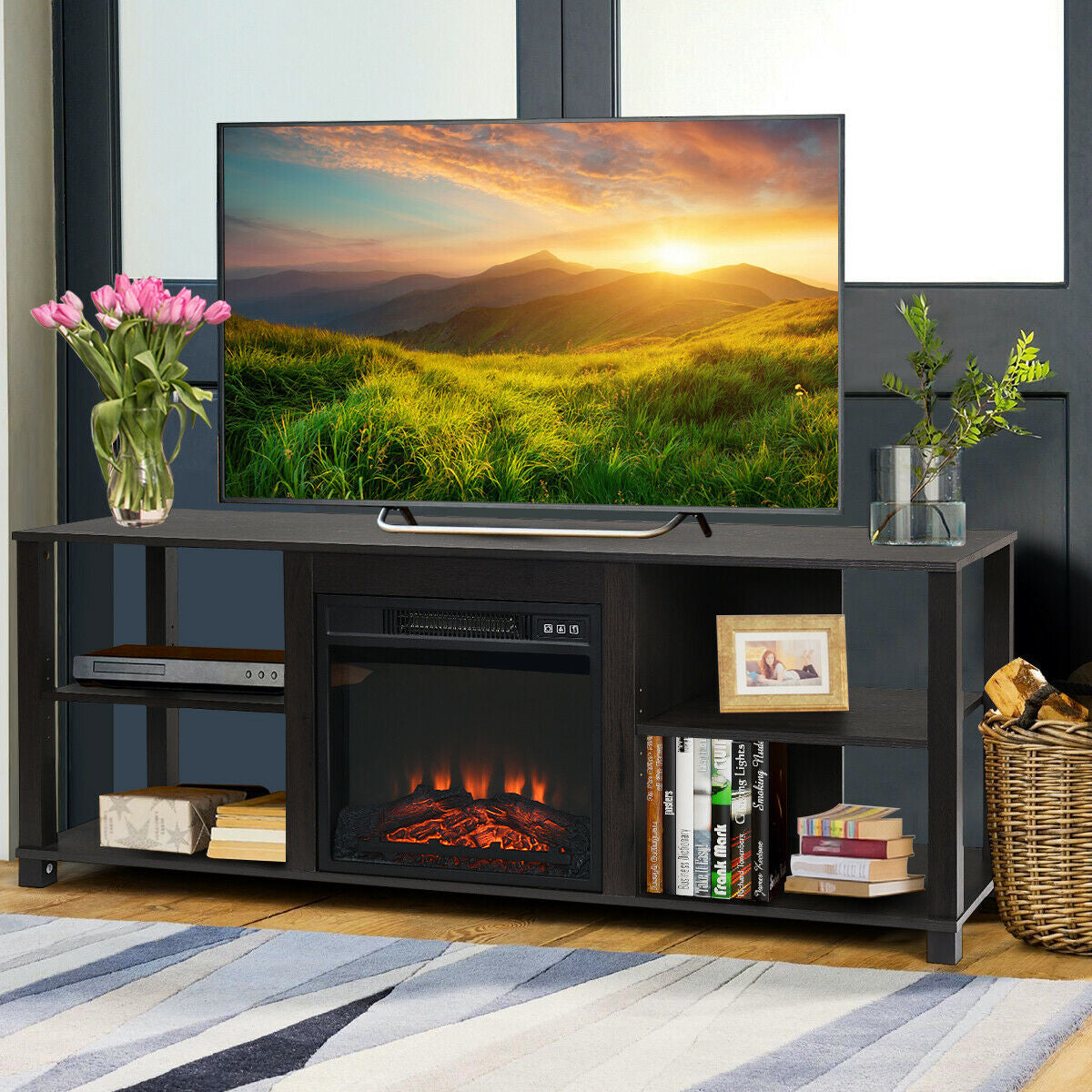 2-Tier TV Storage Cabinet Console with Adjustable Shelves, Black Entertainment Centers & TV Stands at Gallery Canada