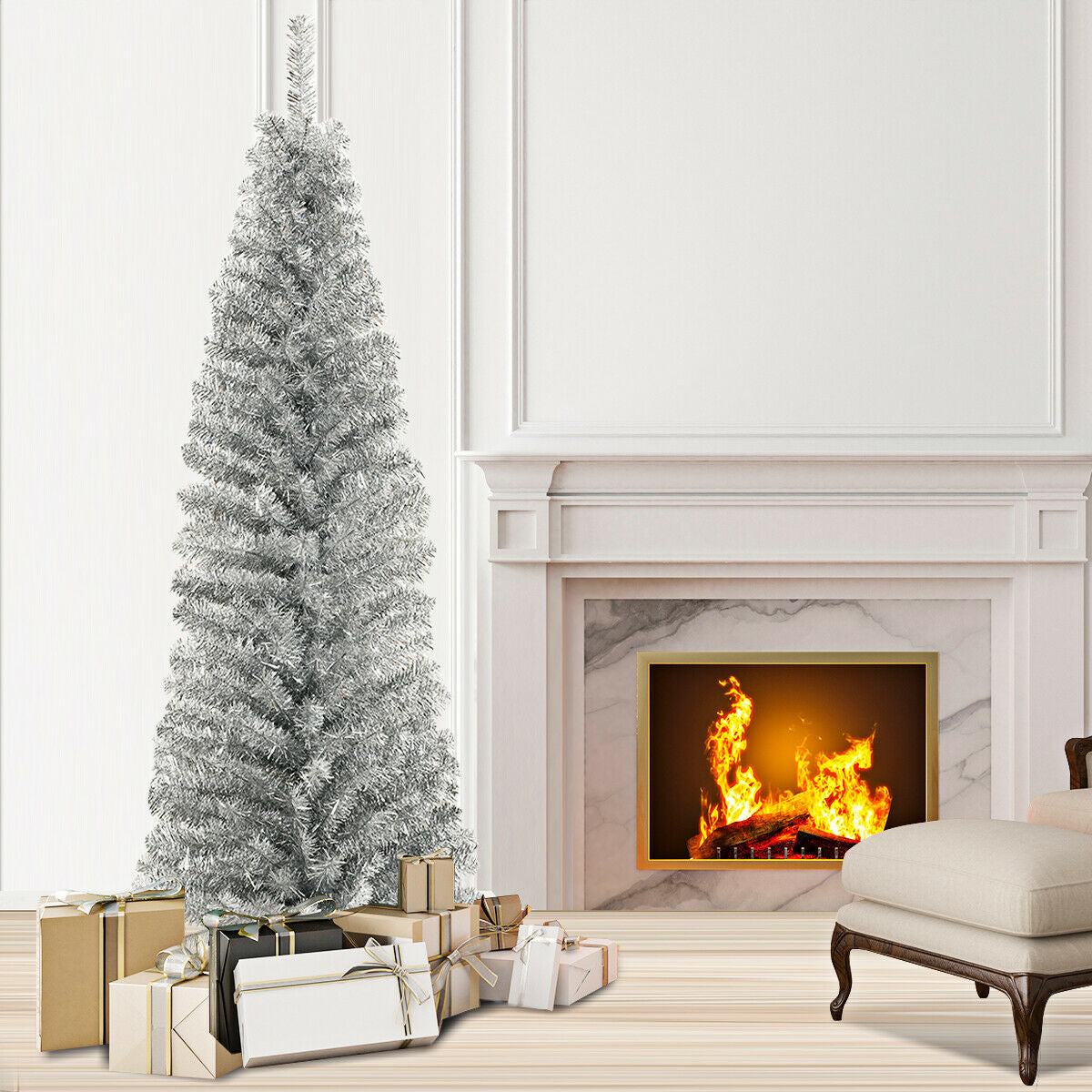 6 Feet Slim Pencil Christmas Tree, 520 Tips, Metal Stand, Silver Christmas Tree at Gallery Canada