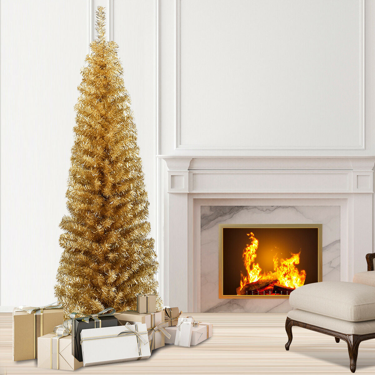 6 Feet Tinsel Tree Unlit Slim Pencil Christmas Tree-Champagne, Gold Christmas Tree at Gallery Canada