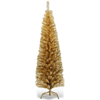 6 Feet Tinsel Tree Unlit Slim Pencil Christmas Tree-Champagne, Gold Christmas Tree at Gallery Canada