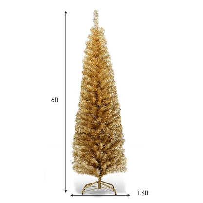 6 Feet Tinsel Tree Unlit Slim Pencil Christmas Tree-Champagne, Gold Christmas Tree at Gallery Canada