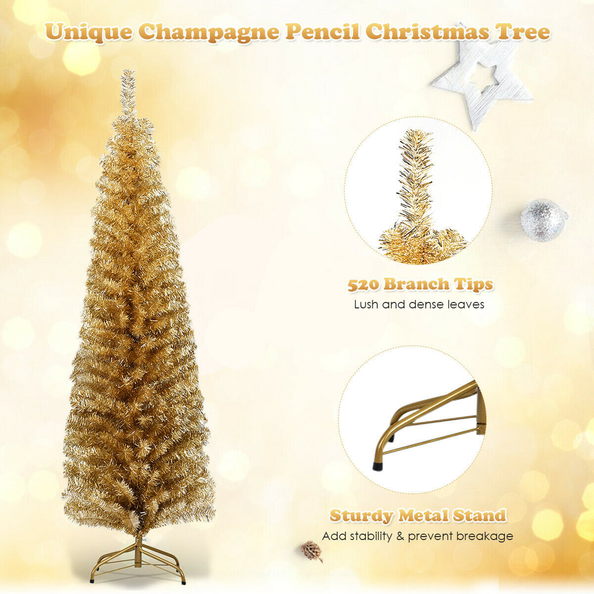 6 Feet Tinsel Tree Unlit Slim Pencil Christmas Tree-Champagne, Gold Christmas Tree at Gallery Canada